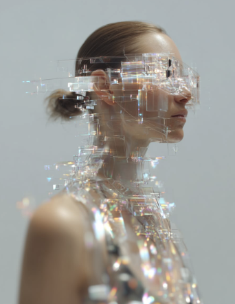 Editorial portrait with shimmering digital pixel overlay symbolising fashion meets technology