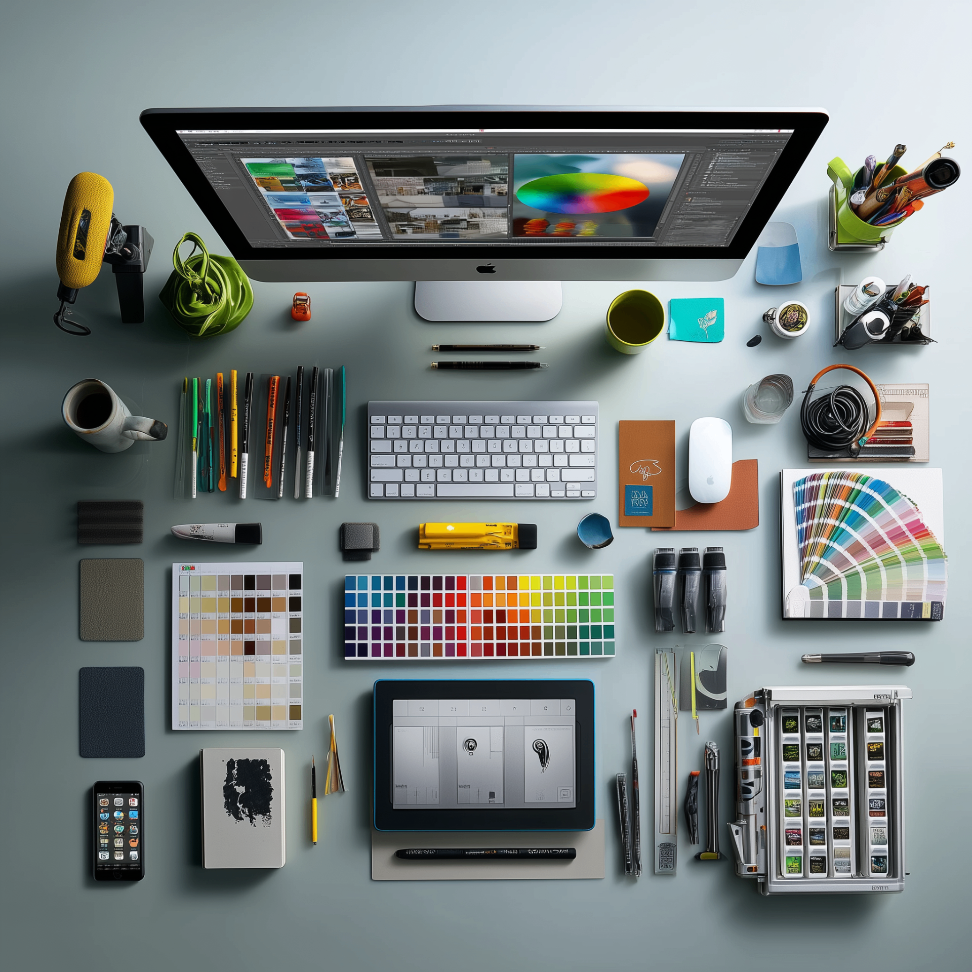 Overhead view of a designer's desk with monitor, color swatches, tablet and creative tools