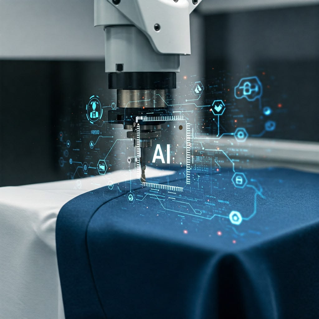 AI-driven automated cutting machine on fabric with digital intelligence overlay